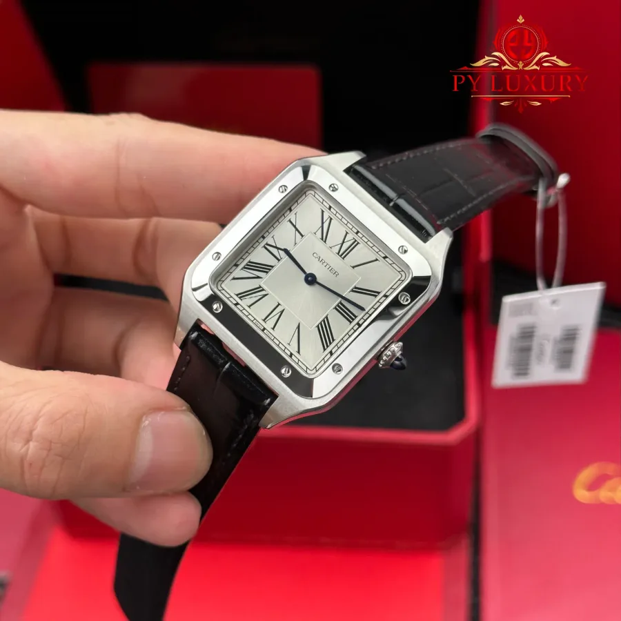Cartier Santos Dumont Steel Extra Large Model Silver Dial Leather Strap Replica 46.6 mm x 33.9 mm Super Clone Watch - Angle 2 - Jack Watches USA