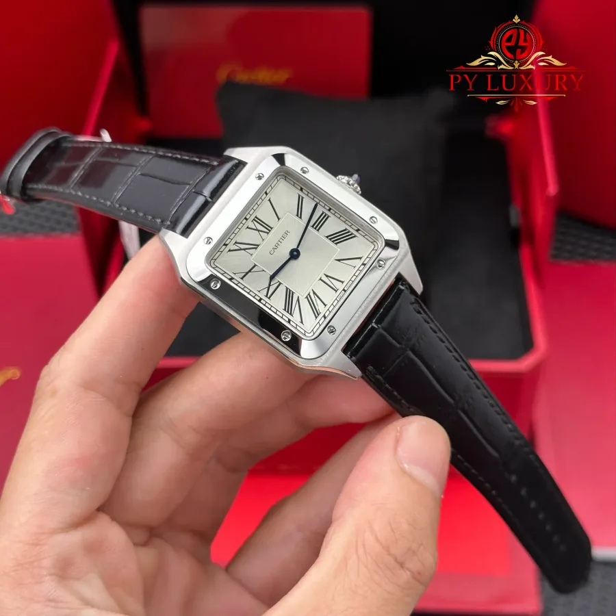 Cartier Santos Dumont Steel Extra Large Model Silver Dial Leather Strap Replica 46.6 mm x 33.9 mm Super Clone Watch - Angle 3 - Jack Watches USA