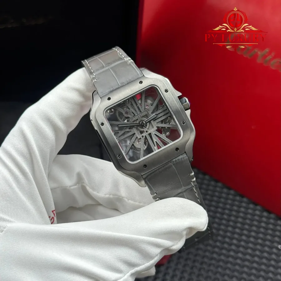 Cartier Santos Skeleton ADLC “Noctambule” WHSA0009 Leather Strap 39.8mm Super Clone Watch - Angle 2 - Jack Watches USA