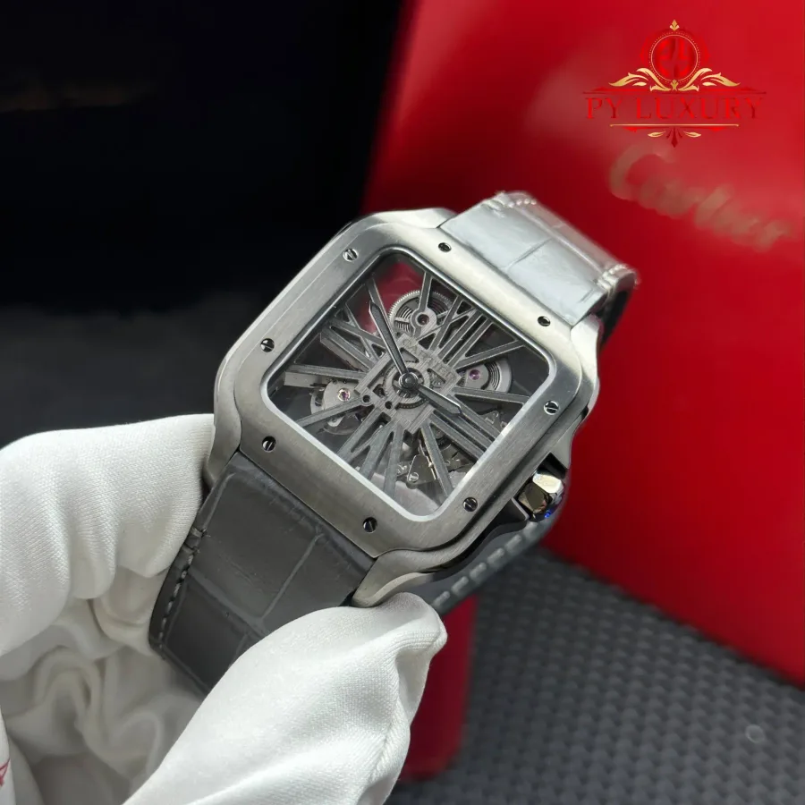 Cartier Santos Skeleton ADLC “Noctambule” WHSA0009 Leather Strap 39.8mm Super Clone Watch - Angle 3 - Jack Watches USA