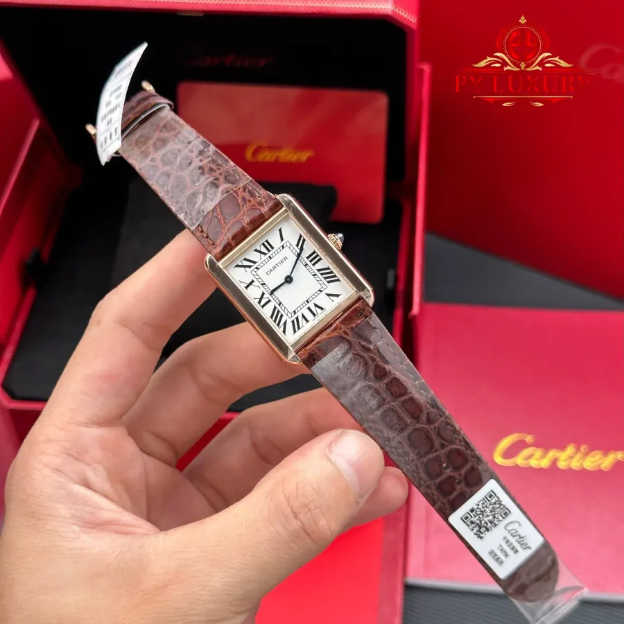 Cartier Tank Solo Large Model Rose Gold Silver Dial Leather Strap AF 34.8 x 27.4 mm