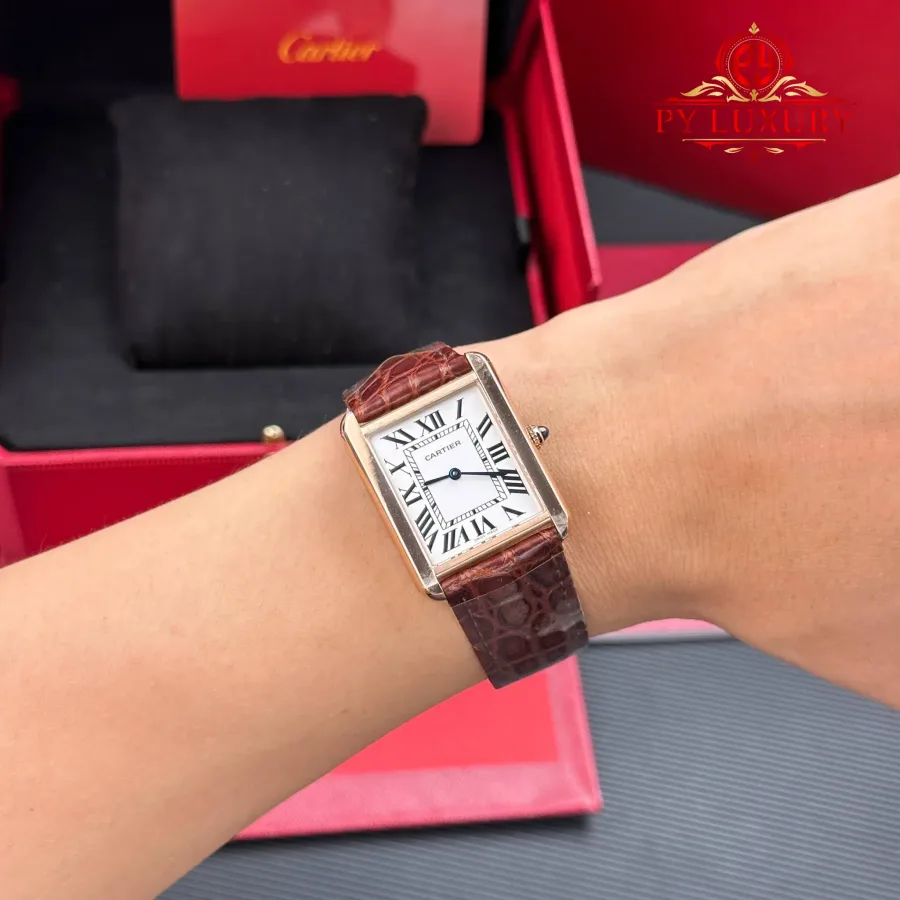 Cartier Tank Solo Large Model Rose Gold Silver Dial Leather Strap AF 34.8 x 27.4 mm Super Clone Watch - Angle 2 - Jack Watches USA