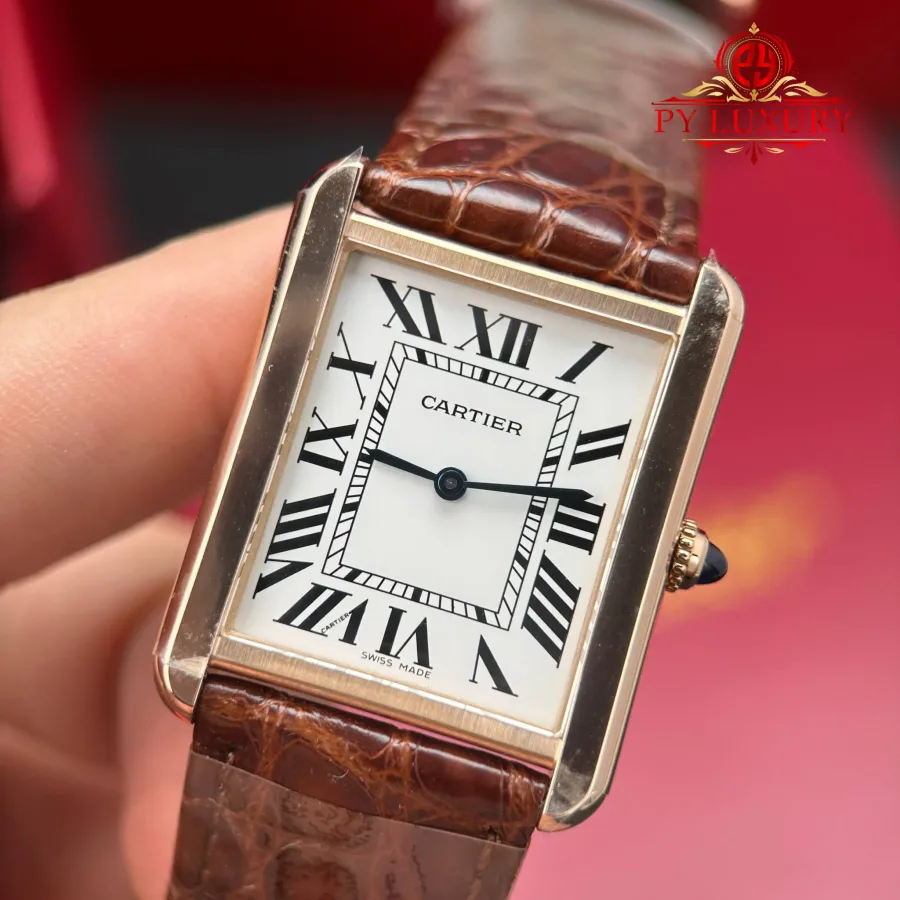 Cartier Tank Solo Large Model Rose Gold Silver Dial Leather Strap AF 34.8 x 27.4 mm Super Clone Watch - Angle 3 - Jack Watches USA