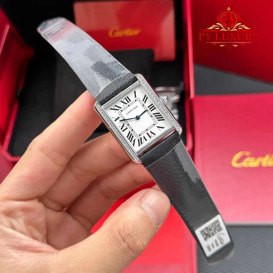 Cartier Tank Solo Large Model Silver Dial Steel Diamond Bezel Leather Strap AF 34.8 x 27.4 mm
