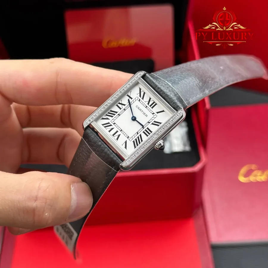Cartier Tank Solo Large Model Silver Dial Steel Diamond Bezel Leather Strap AF 34.8 x 27.4 mm Super Clone Watch - Angle 2 - Jack Watches USA