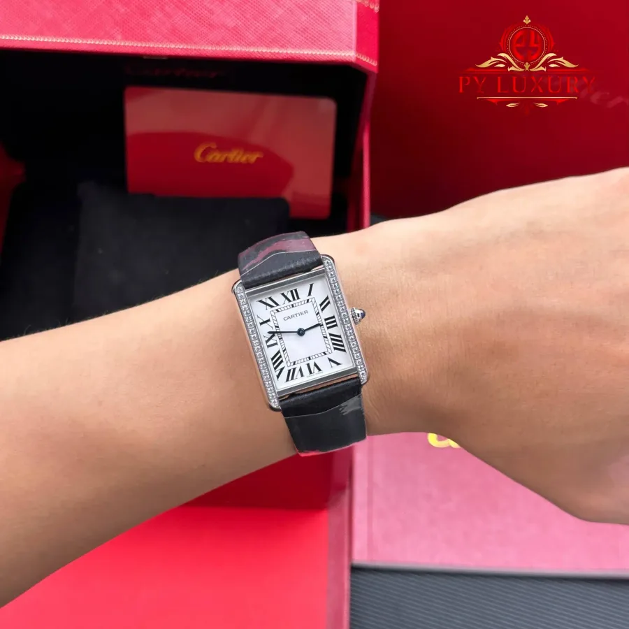 Cartier Tank Solo Large Model Silver Dial Steel Diamond Bezel Leather Strap AF 34.8 x 27.4 mm Super Clone Watch - Angle 3 - Jack Watches USA