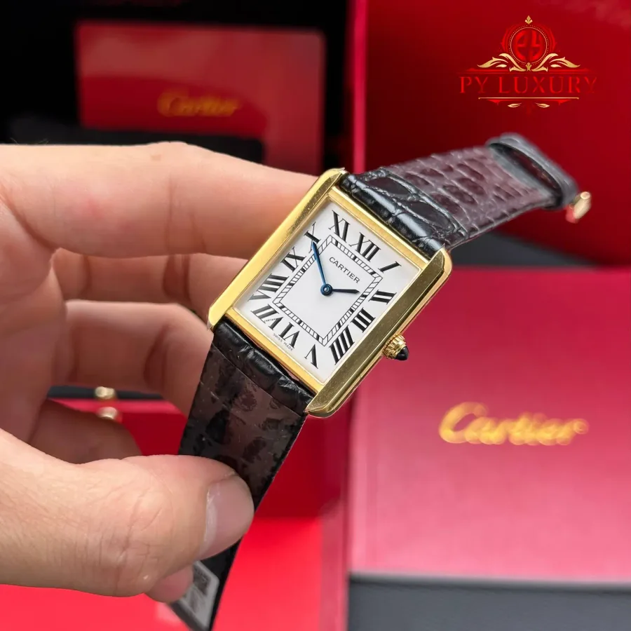 Cartier Tank Solo Large Model W5200004 Yellow Gold Silver Dial Leather Strap Best Copy AF 34.8 x 27.4 mm Super Clone Watch - Angle 2 - Jack Watches USA