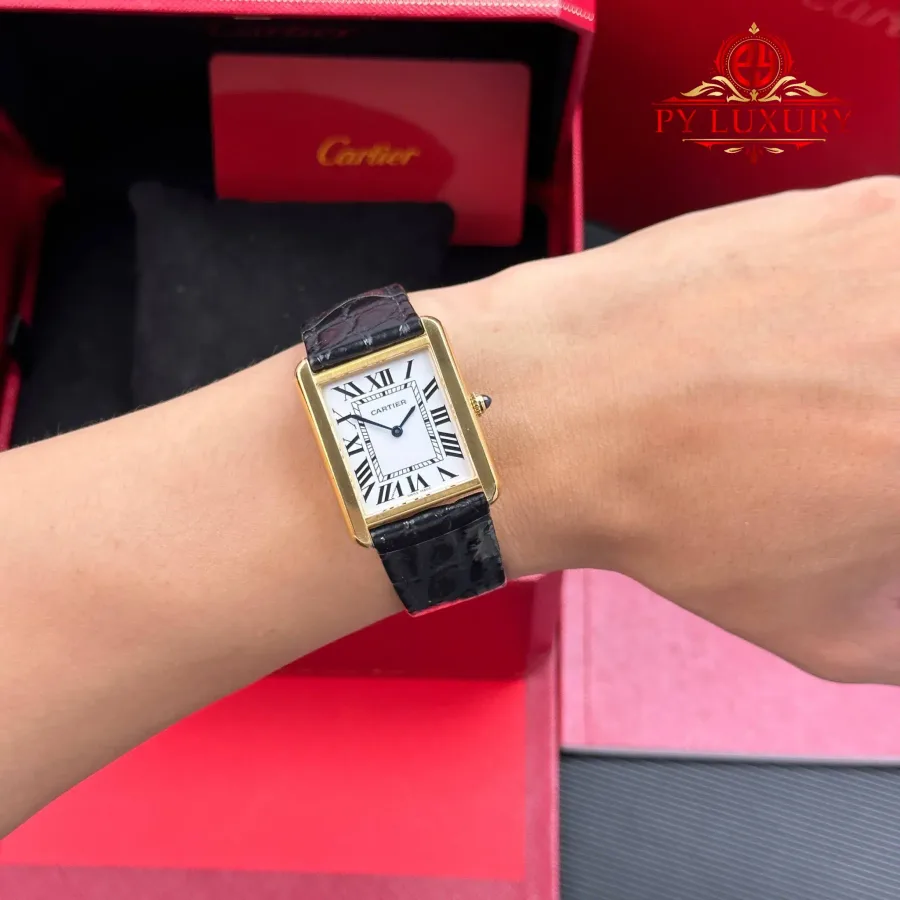 Cartier Tank Solo Large Model W5200004 Yellow Gold Silver Dial Leather Strap Best Copy AF 34.8 x 27.4 mm Super Clone Watch - Angle 3 - Jack Watches USA