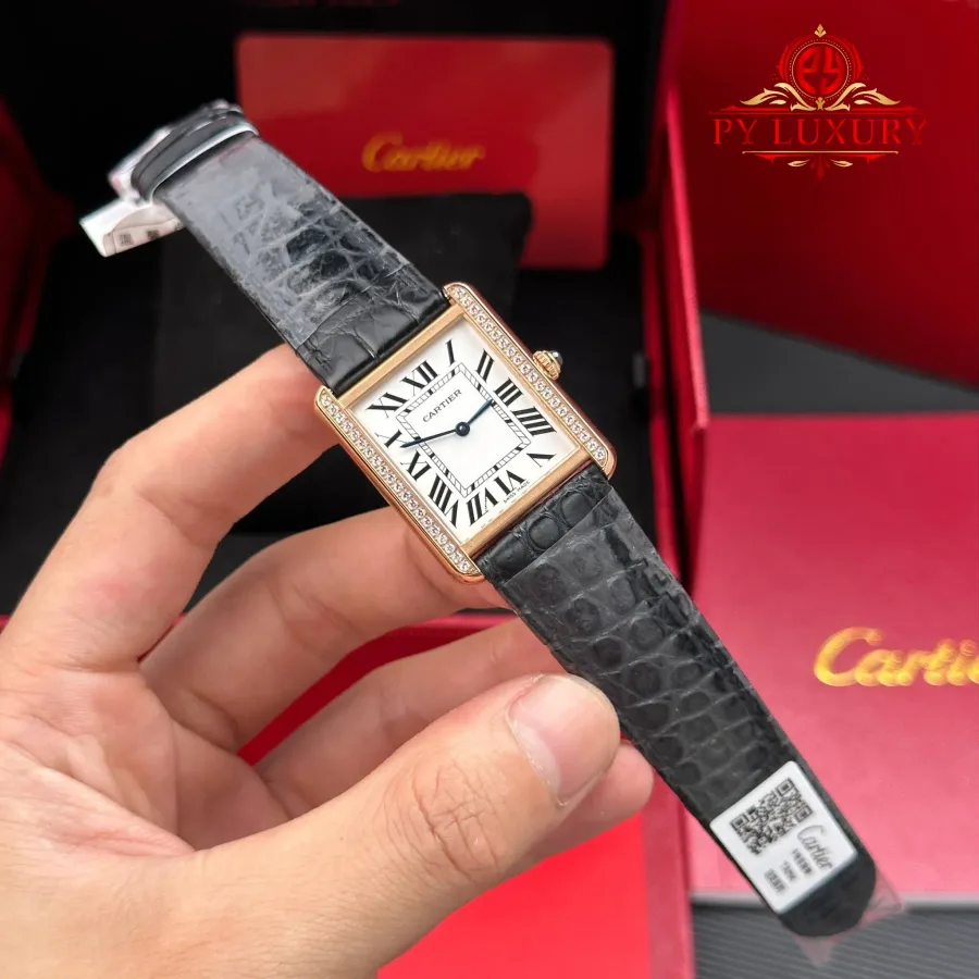 Cartier Tank Solo Large Model W5200025 Rose Gold Diamond Bezel Leather Strap AF 34.8 x 27.4 mm