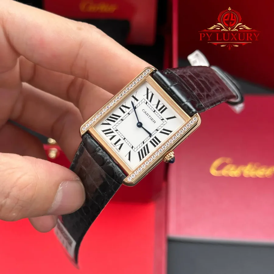 Cartier Tank Solo Large Model W5200025 Rose Gold Diamond Bezel Leather Strap AF 34.8 x 27.4 mm Super Clone Watch - Angle 2 - Jack Watches USA