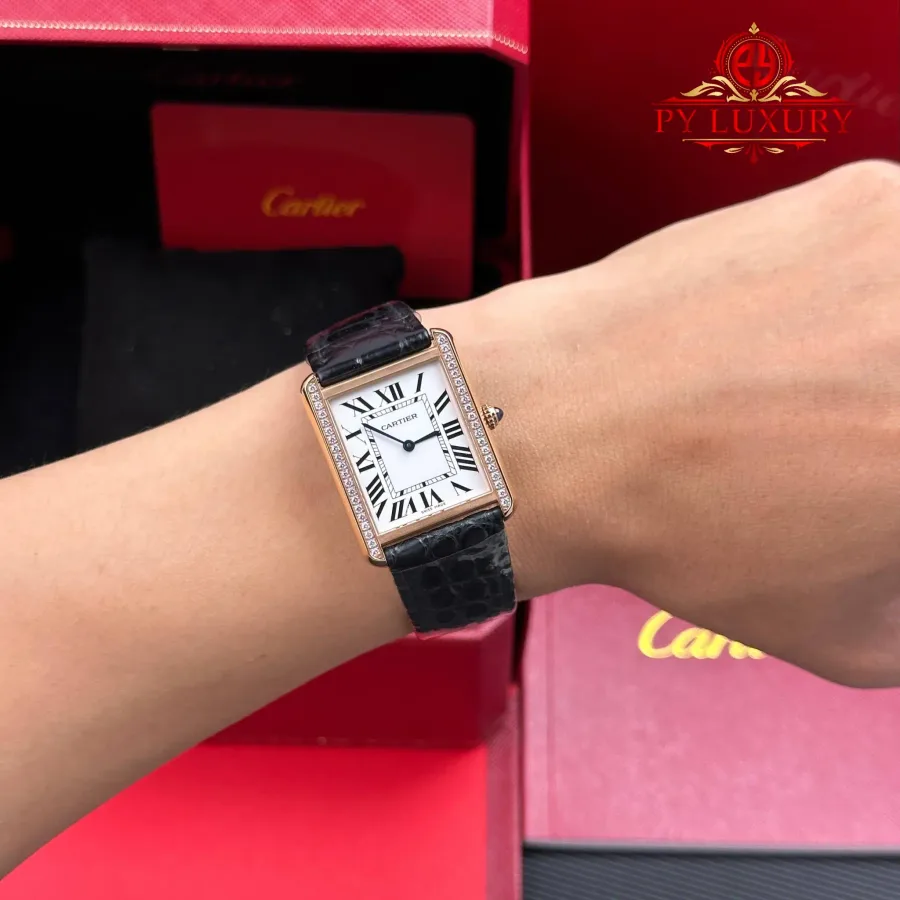 Cartier Tank Solo Large Model W5200025 Rose Gold Diamond Bezel Leather Strap AF 34.8 x 27.4 mm Super Clone Watch - Angle 3 - Jack Watches USA