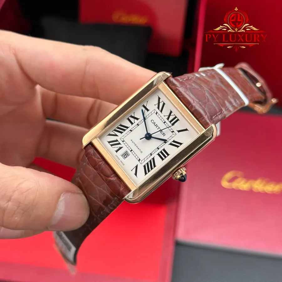 Cartier Tank Solo XL Automatic Rose Gold Brown Leather Strap AF 31 x 41mm Super Clone Watch - Angle 2 - Jack Watches USA