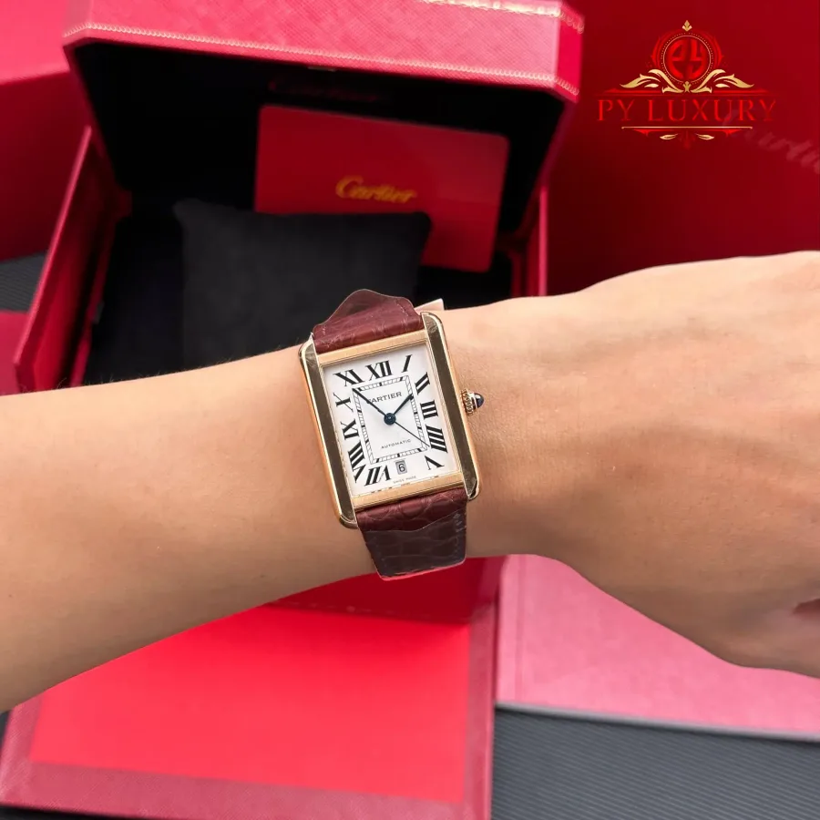 Cartier Tank Solo XL Automatic Rose Gold Brown Leather Strap AF 31 x 41mm Super Clone Watch - Angle 3 - Jack Watches USA