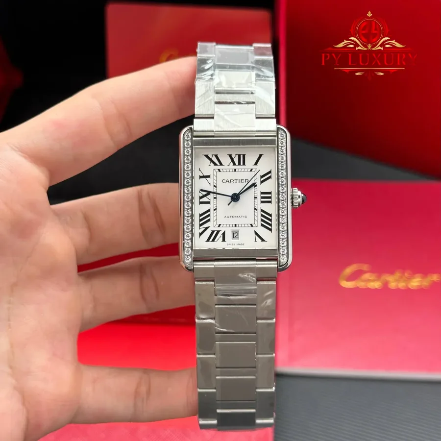 Cartier Tank Solo XL Automatic Silver Dial Diamond Bezel Steel Bracelet AF 31mm x 41mm
