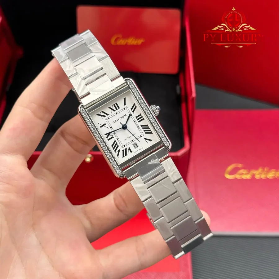 Cartier Tank Solo XL Automatic Silver Dial Diamond Bezel Steel Bracelet AF 31mm x 41mm Super Clone Watch - Angle 2 - Jack Watches USA