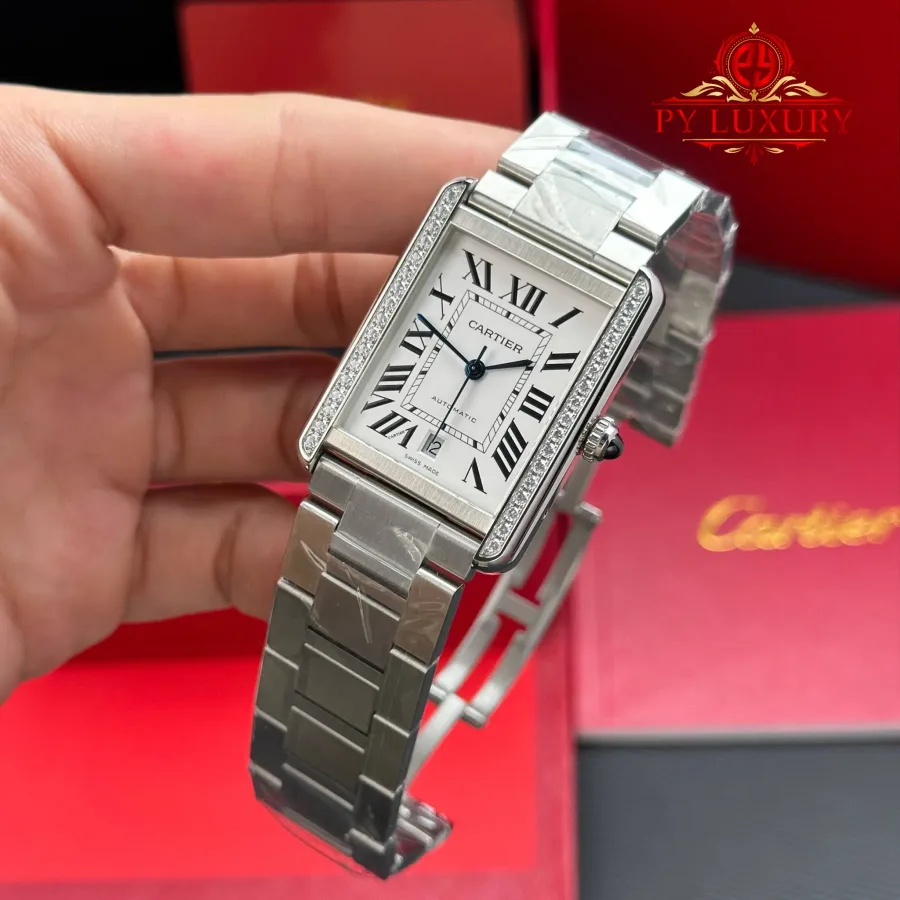 Cartier Tank Solo XL Automatic Silver Dial Diamond Bezel Steel Bracelet AF 31mm x 41mm Super Clone Watch - Angle 3 - Jack Watches USA