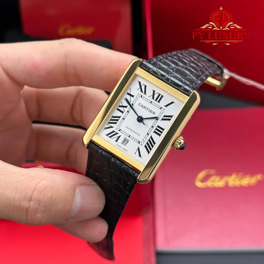 Cartier Tank Solo XL Automatic Yellow Gold Black Leather Strap AF 31 x 41mm Super Clone Watch - Angle 2 - Jack Watches USA