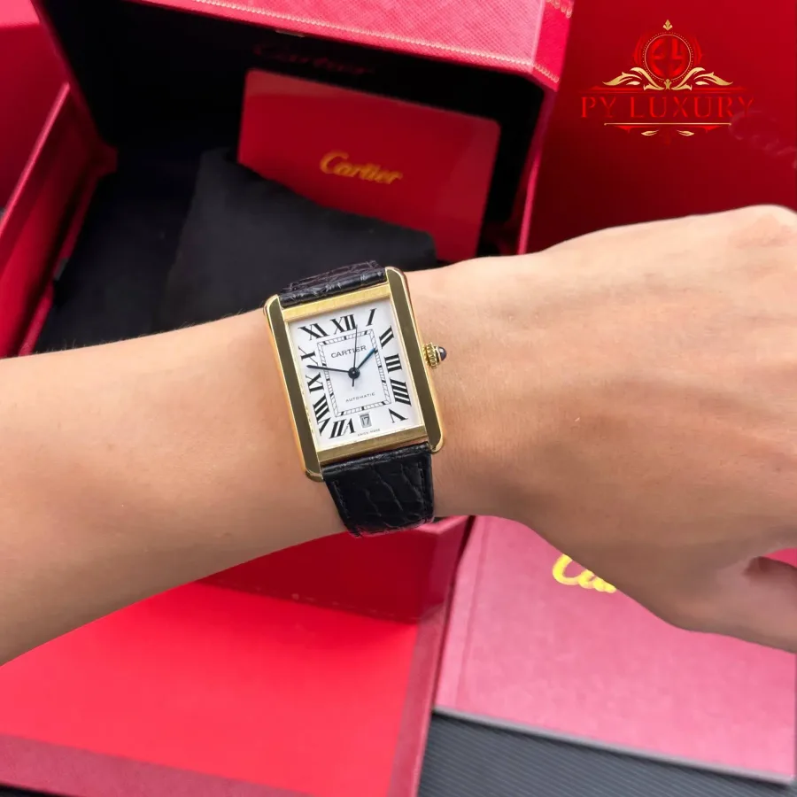 Cartier Tank Solo XL Automatic Yellow Gold Black Leather Strap AF 31 x 41mm Super Clone Watch - Angle 3 - Jack Watches USA