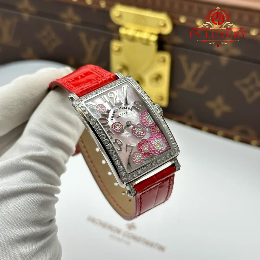 Franck Muller Long Island 952 QZ REL MOP RS D 1R PEONY Red Leather Strap 26mm Super Clone Watch - Angle 2 - Jack Watches USA