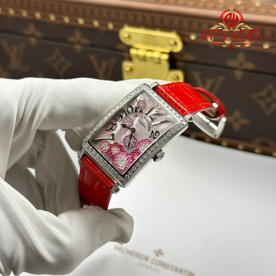 Franck Muller Long Island 952 QZ REL MOP RS D 1R PEONY Red Leather Strap 26mm Super Clone Watch - Angle 3 - Jack Watches USA
