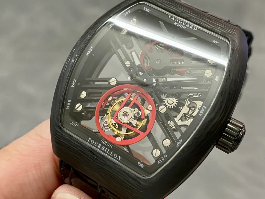 Franck Muller Vanguard Skeleton Tourbillon Black Carbon Fiber ABF 45mm Super Clone Watch - Angle 2 - Jack Watches USA