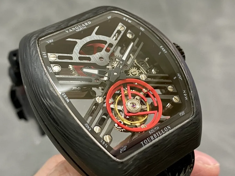 Franck Muller Vanguard Skeleton Tourbillon Black Carbon Fiber ABF 45mm Super Clone Watch - Angle 3 - Jack Watches USA
