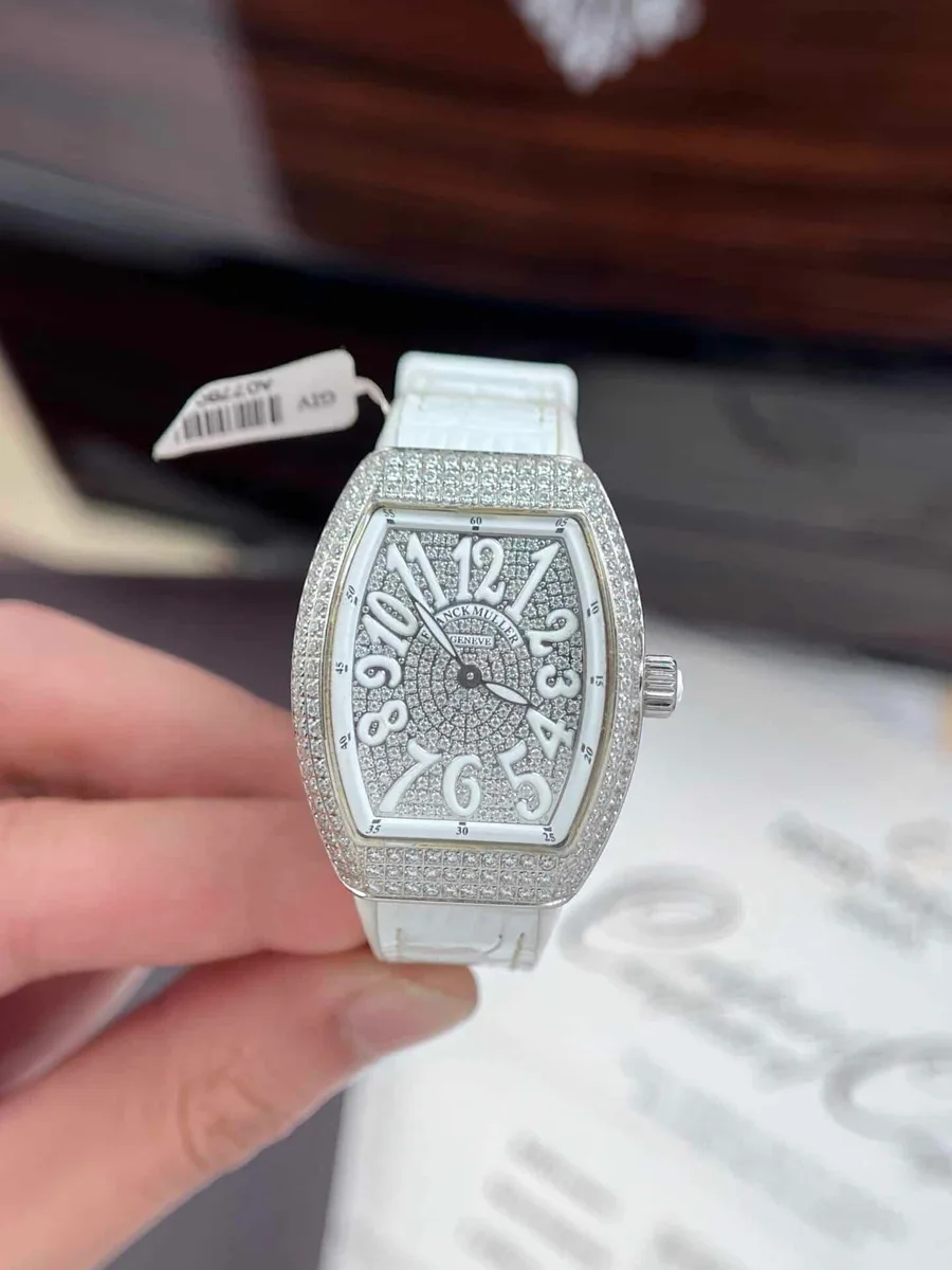 Franck Muller Vanguard White Custom Full Moissanite ABF 32mm Super Clone Watch - Angle 2 - Jack Watches USA
