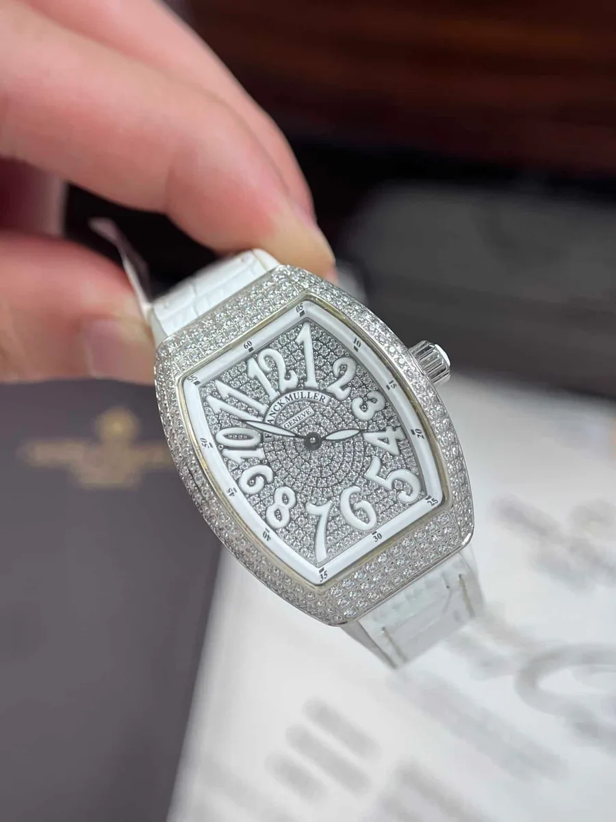 Franck Muller Vanguard White Custom Full Moissanite ABF 32mm Super Clone Watch - Angle 3 - Jack Watches USA