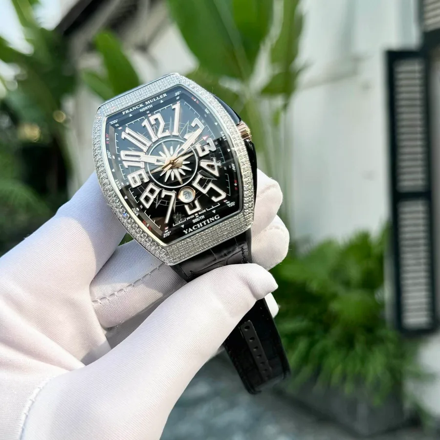 Franck Muller Vanguard Black Dial Diamonds CZ Stones Replica ABF 45mm Super Clone Watch - Angle 2 - Jack Watches USA