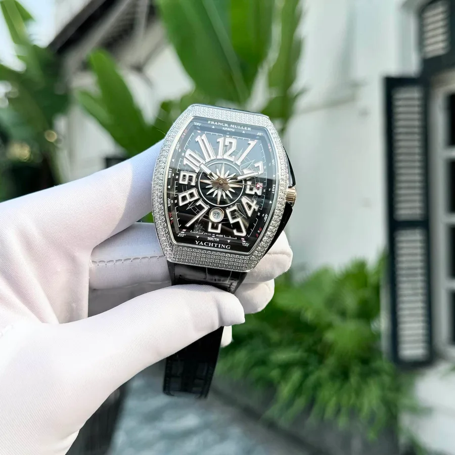 Franck Muller Vanguard Black Dial Diamonds CZ Stones Replica ABF 45mm Super Clone Watch - Angle 3 - Jack Watches USA