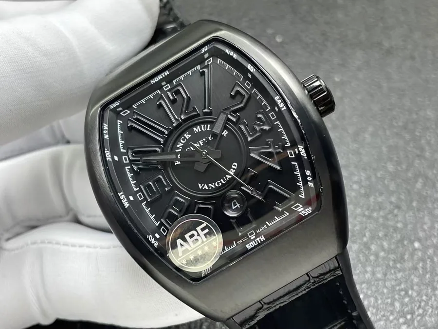 Franck Muller Vanguard Black DLC Black Dial Leather Strap ABF 45mm Super Clone Watch - Angle 2 - Jack Watches USA