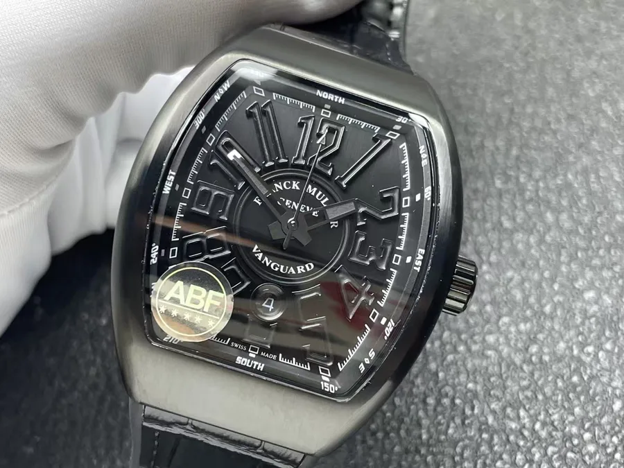 Franck Muller Vanguard Black DLC Black Dial Leather Strap ABF 45mm Super Clone Watch - Angle 3 - Jack Watches USA