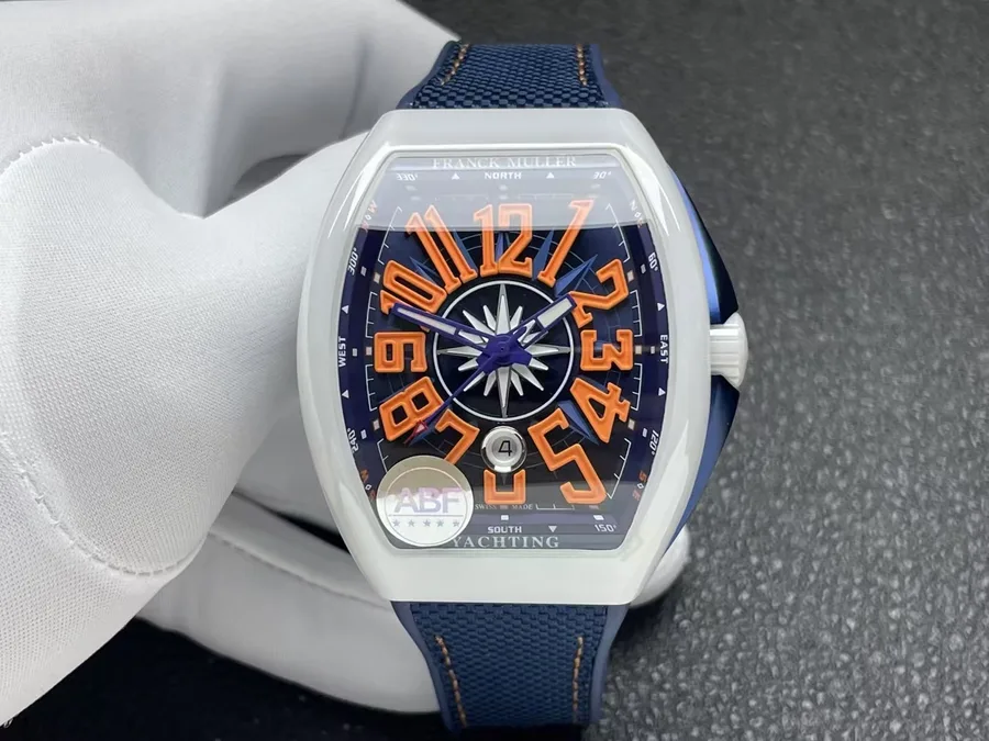 Franck Muller Vanguard White Ceramic Blue Dial Orange Arabic Numerals ABF 45mm