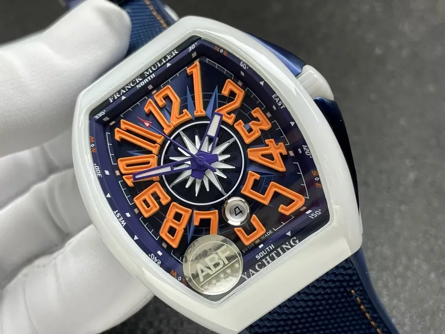 Franck Muller Vanguard White Ceramic Blue Dial Orange Arabic Numerals ABF 45mm Super Clone Watch - Angle 2 - Jack Watches USA