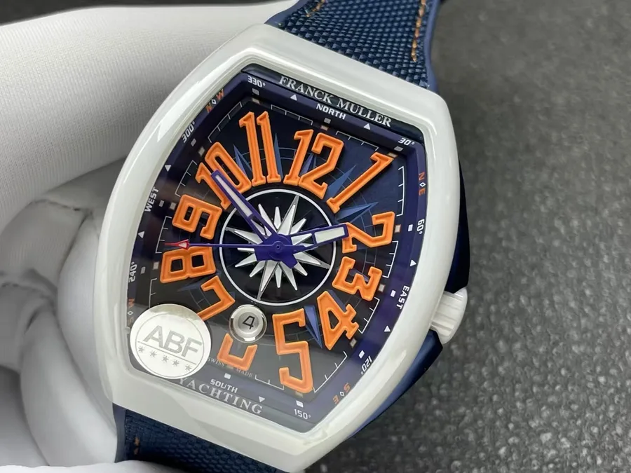 Franck Muller Vanguard White Ceramic Blue Dial Orange Arabic Numerals ABF 45mm Super Clone Watch - Angle 3 - Jack Watches USA