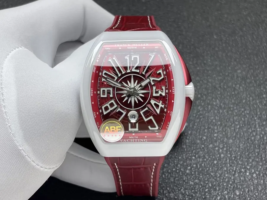 Franck Muller Vanguard White Ceramic Burgundy Dial Leather Strap ABF 45mm
