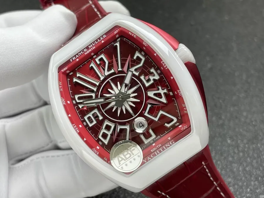 Franck Muller Vanguard White Ceramic Burgundy Dial Leather Strap ABF 45mm Super Clone Watch - Angle 2 - Jack Watches USA
