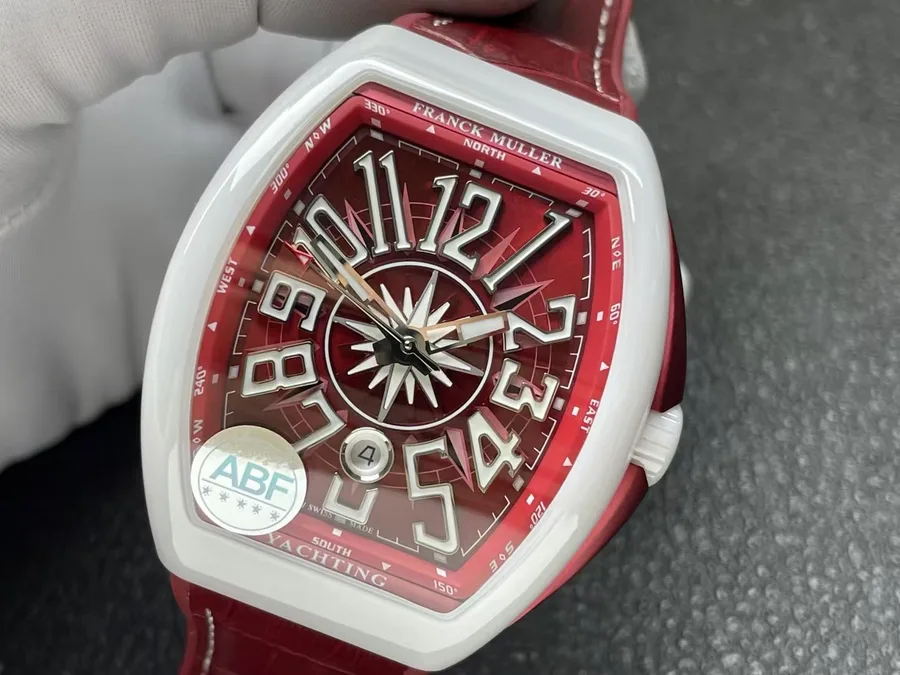 Franck Muller Vanguard White Ceramic Burgundy Dial Leather Strap ABF 45mm Super Clone Watch - Angle 3 - Jack Watches USA