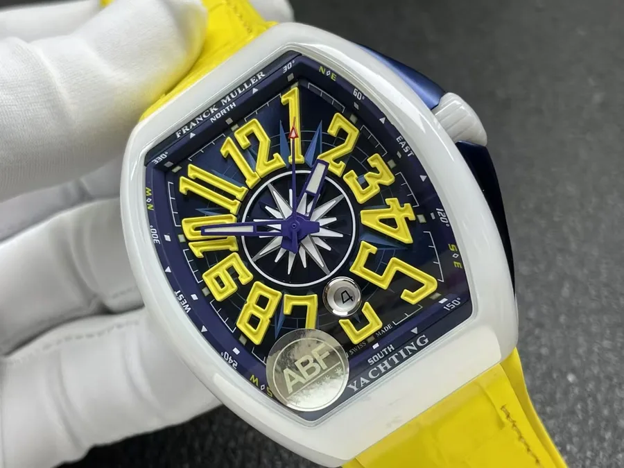 Franck Muller Vanguard White Ceramic Case Yellow Arabic Numerals ABF 45mm Super Clone Watch - Angle 2 - Jack Watches USA