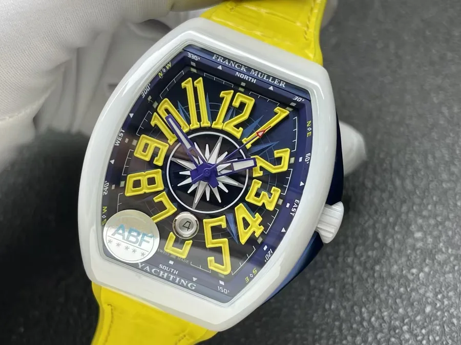 Franck Muller Vanguard White Ceramic Case Yellow Arabic Numerals ABF 45mm Super Clone Watch - Angle 3 - Jack Watches USA