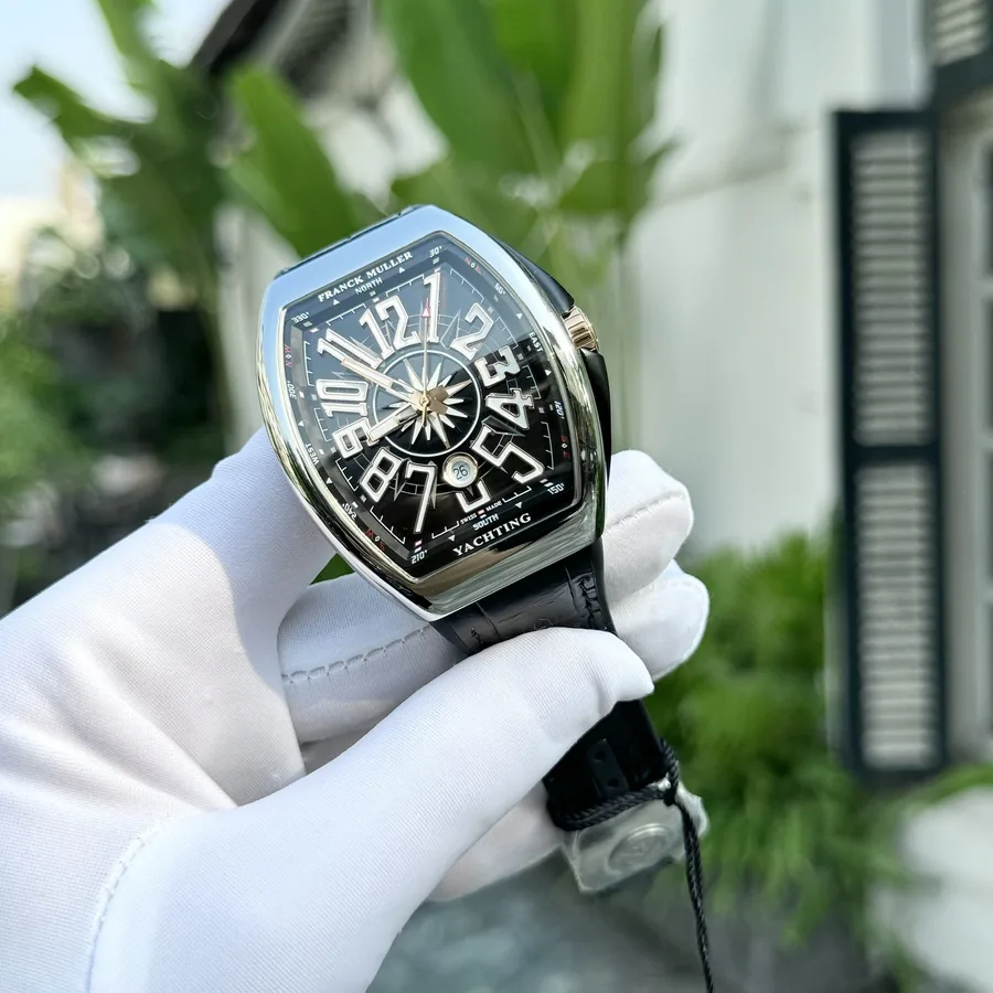 Franck Muller Vanguard Yachting Black Dial Leather Strap Replica ABF 45mm Super Clone Watch - Angle 2 - Jack Watches USA