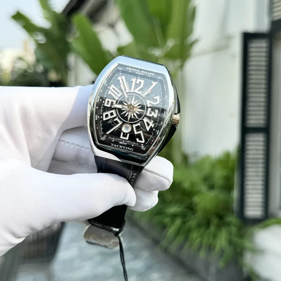 Franck Muller Vanguard Yachting Black Dial Leather Strap Replica ABF 45mm Super Clone Watch - Angle 3 - Jack Watches USA