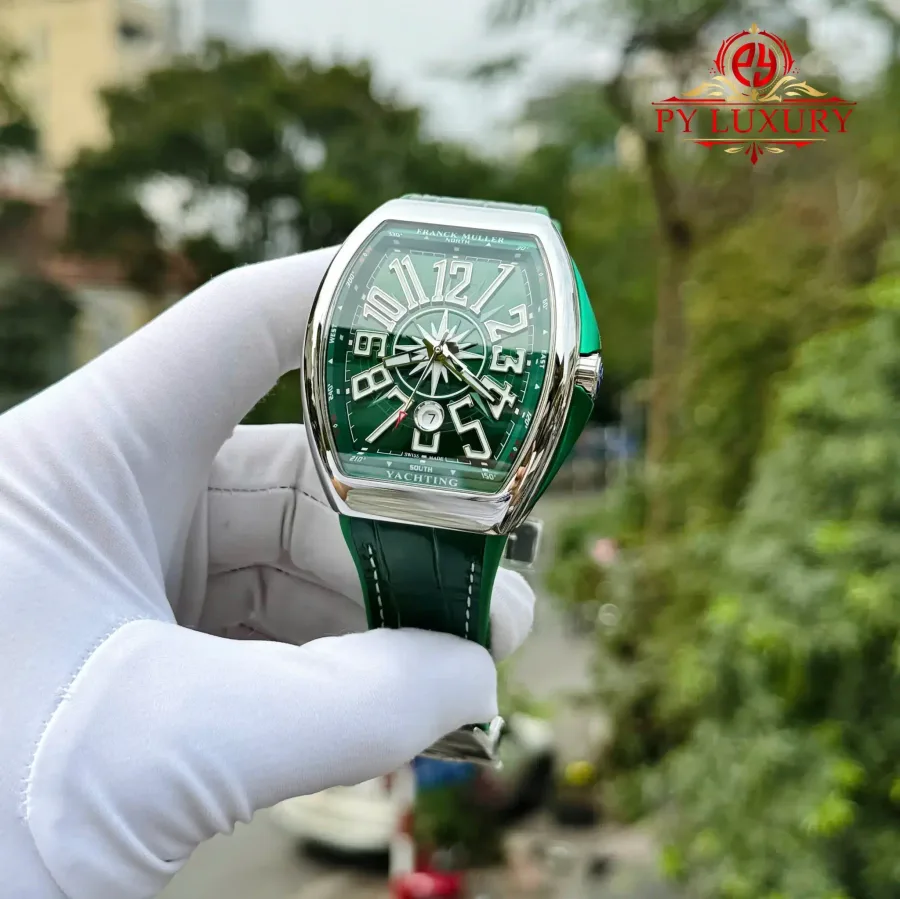 Franck Muller Vanguard Yachting Green Dial Leather Strap Replica ABF 45mm Super Clone Watch - Angle 3 - Jack Watches USA
