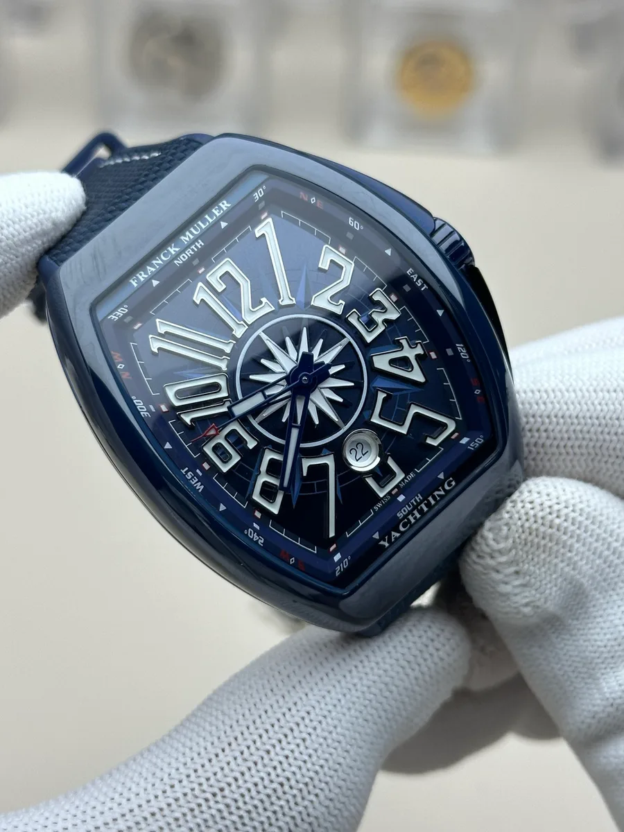 Franck Muller Vanguard Yachting Ceramic Blue Dial White Arabic Numerals ABF 45mm Super Clone Watch - Angle 2 - Jack Watches USA