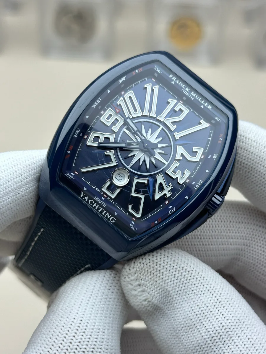 Franck Muller Vanguard Yachting Ceramic Blue Dial White Arabic Numerals ABF 45mm Super Clone Watch - Angle 3 - Jack Watches USA