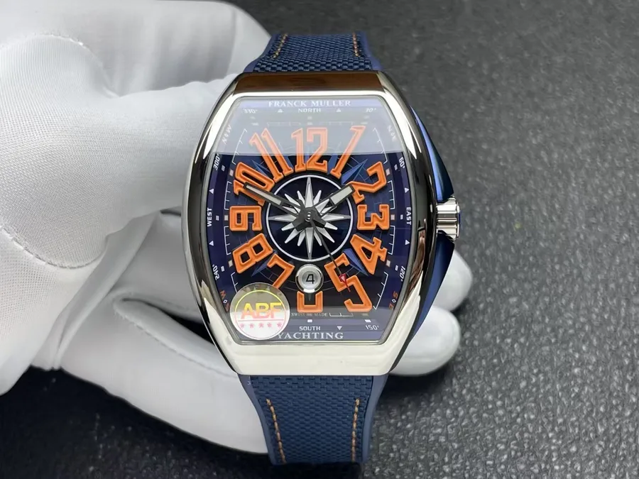 Franck Muller Vanguard Yachting Blue Dial Orange Arabic Numerals Rubber Strap ABF 45mm