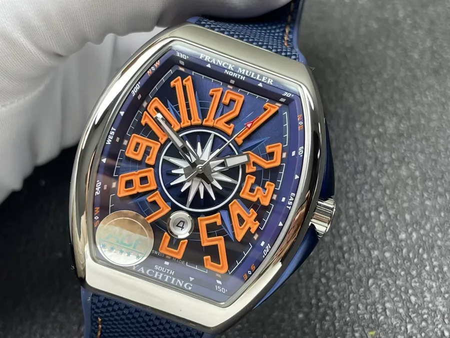 Franck Muller Vanguard Yachting Blue Dial Orange Arabic Numerals Rubber Strap ABF 45mm Super Clone Watch - Angle 2 - Jack Watches USA
