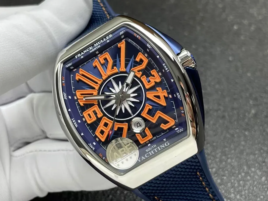 Franck Muller Vanguard Yachting Blue Dial Orange Arabic Numerals Rubber Strap ABF 45mm Super Clone Watch - Angle 3 - Jack Watches USA