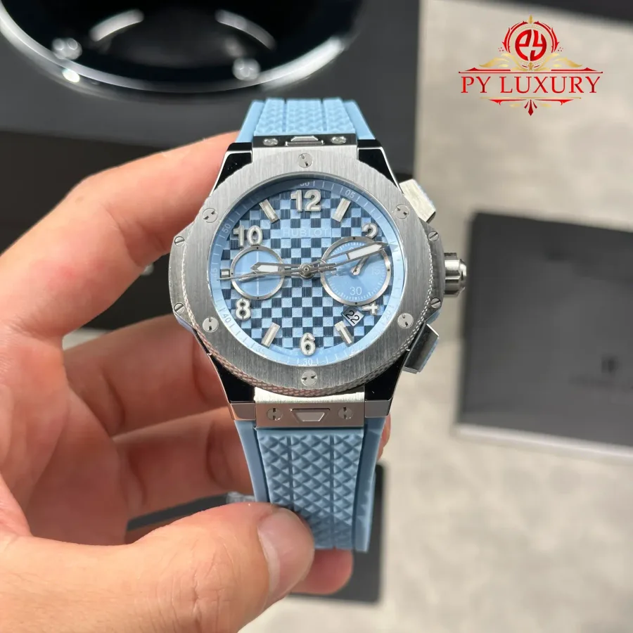 Hublot Big Bang Original Unico Titanium Coal Blue Rubber Strap 43mm Super Clone Watch - Angle 2 - Jack Watches USA
