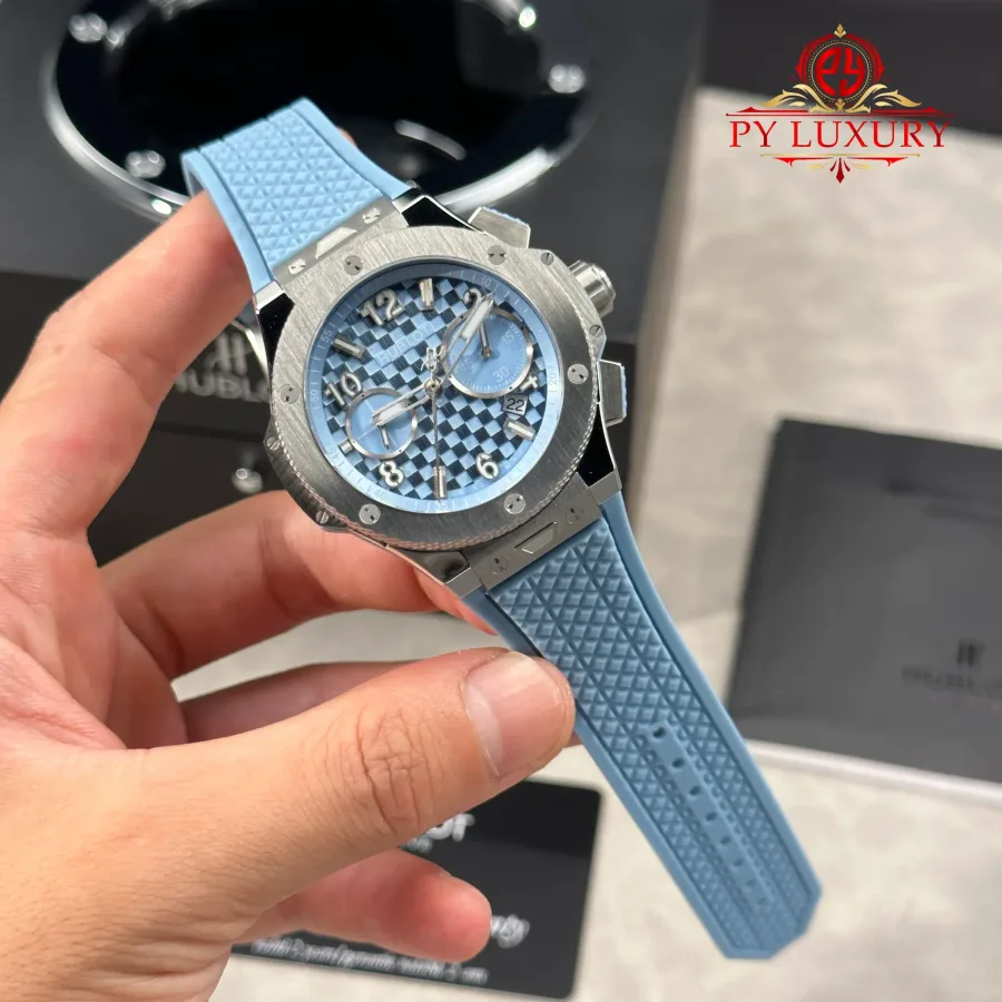 Hublot Big Bang Original Unico Titanium Coal Blue Rubber Strap 43mm Super Clone Watch - Angle 3 - Jack Watches USA